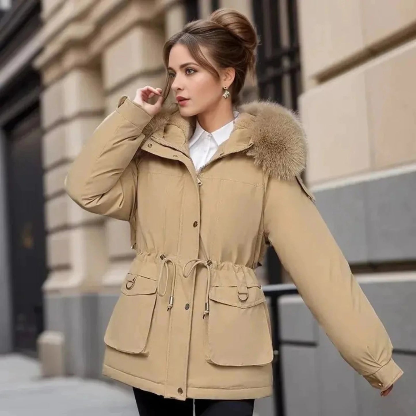 Women's winter parka jacket, stylish and warm outerwear for cold weather.