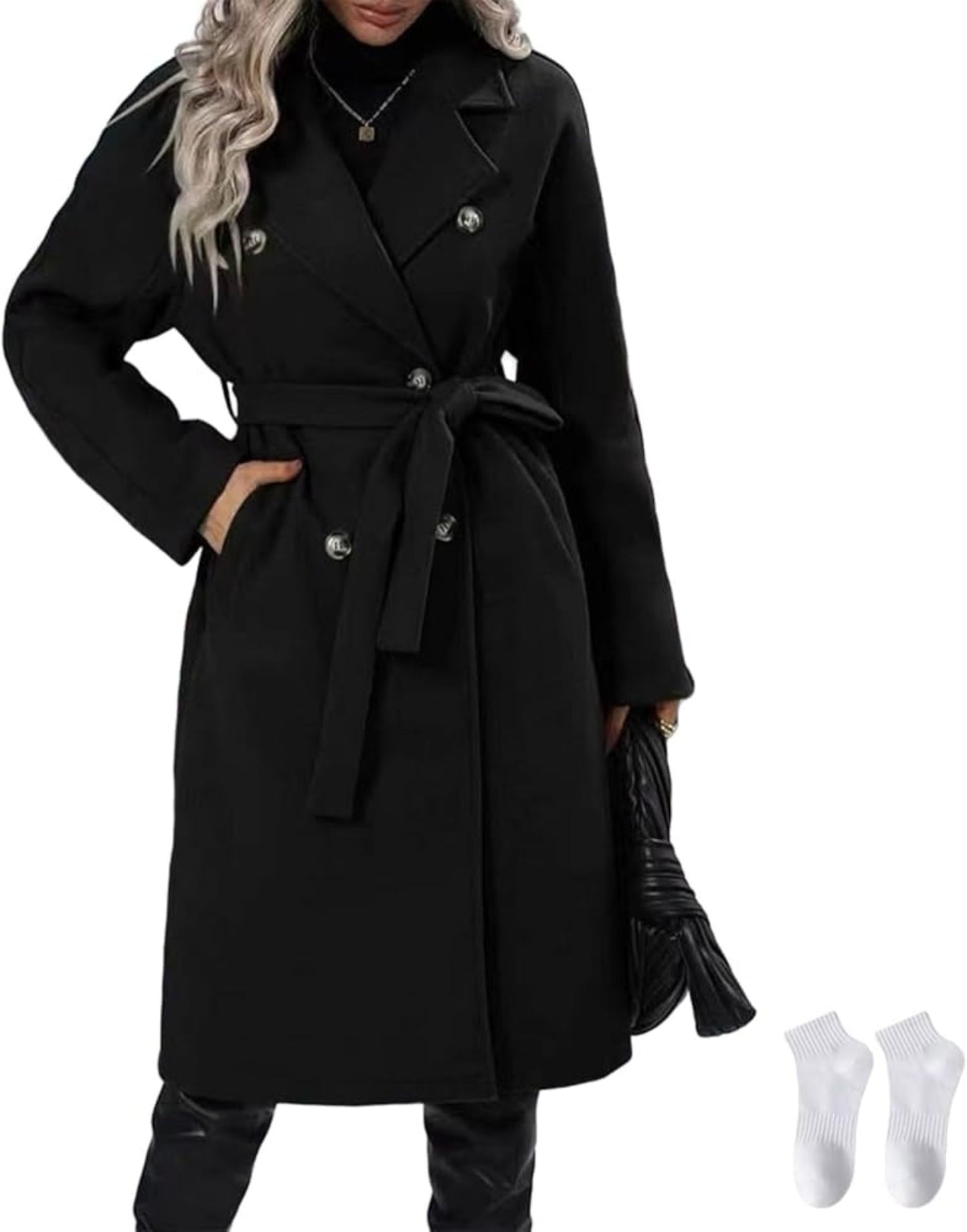 Double-breasted trench coat with a lace-up belt, offering stylish outerwear.