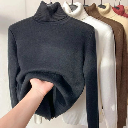 Women's elegant turtleneck sweater, thick, warm, and stylish winter pullover.