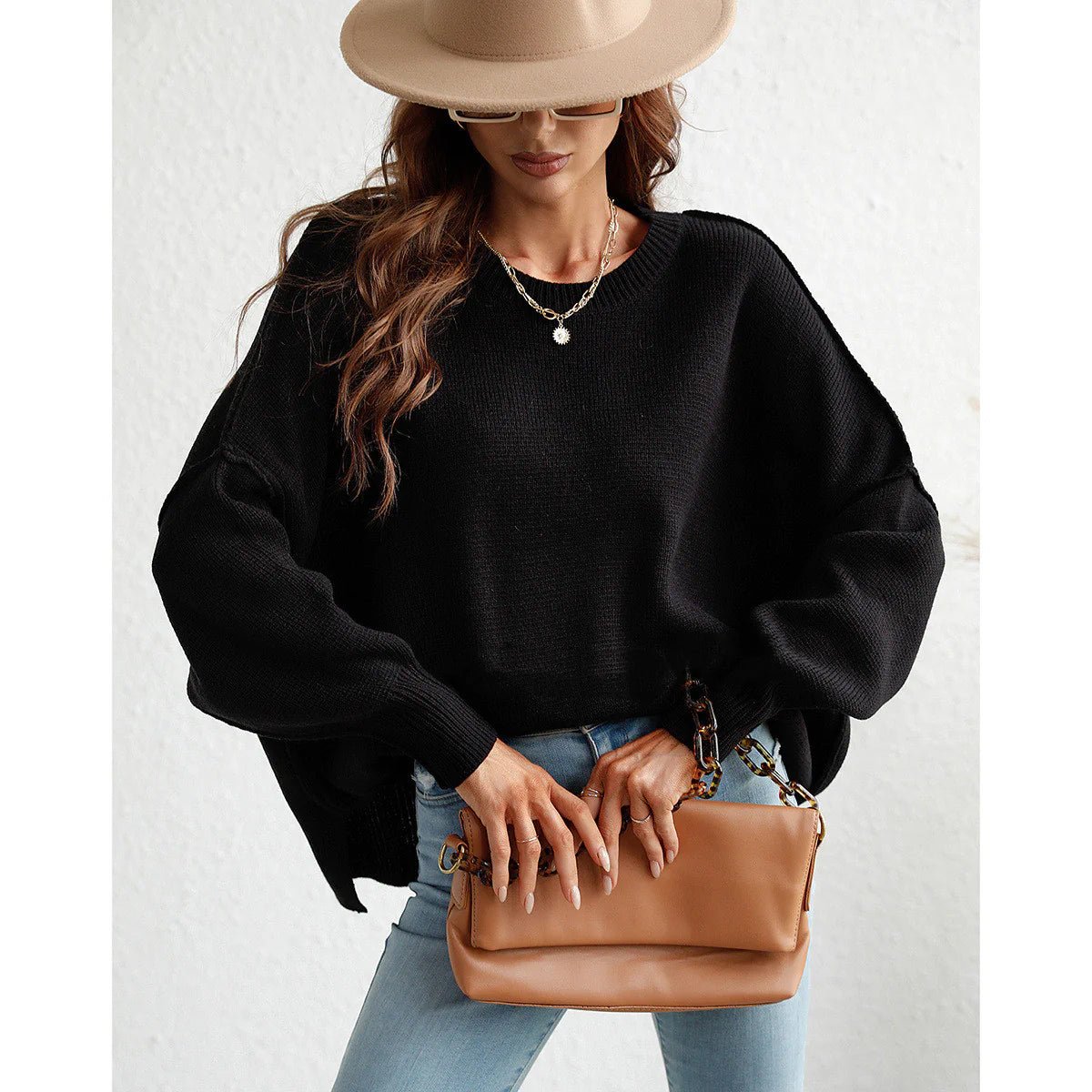 Long sleeve crew neck sweater for women, stylish and comfortable.