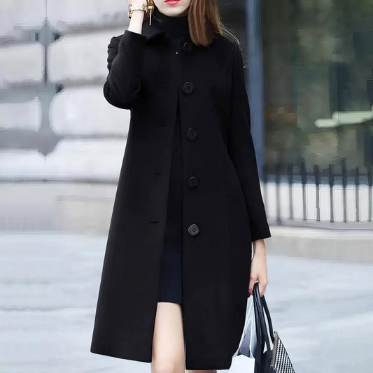 Mid-length elegant warm winter coat for women, designed for style and comfort.