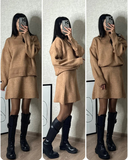 2-piece knitted sweater and skirt set, stylish and cozy winter outfit.