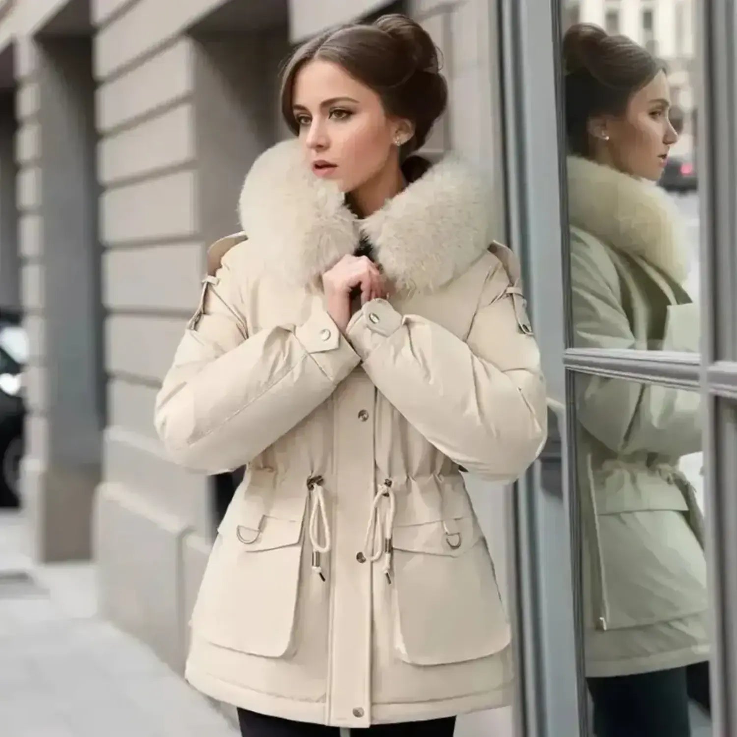 Women's winter parka jacket, stylish and warm outerwear for cold weather.