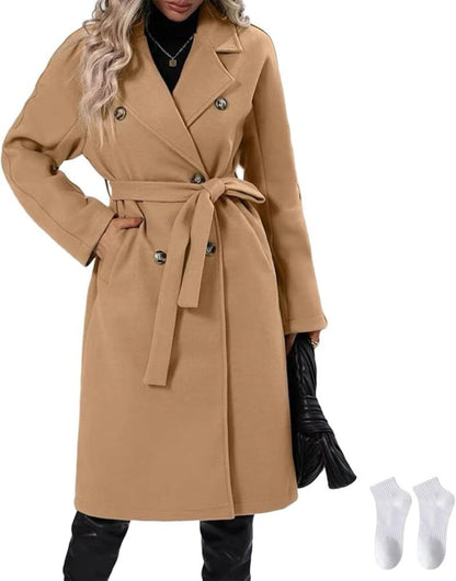 Double-breasted trench coat with a lace-up belt, offering stylish outerwear.