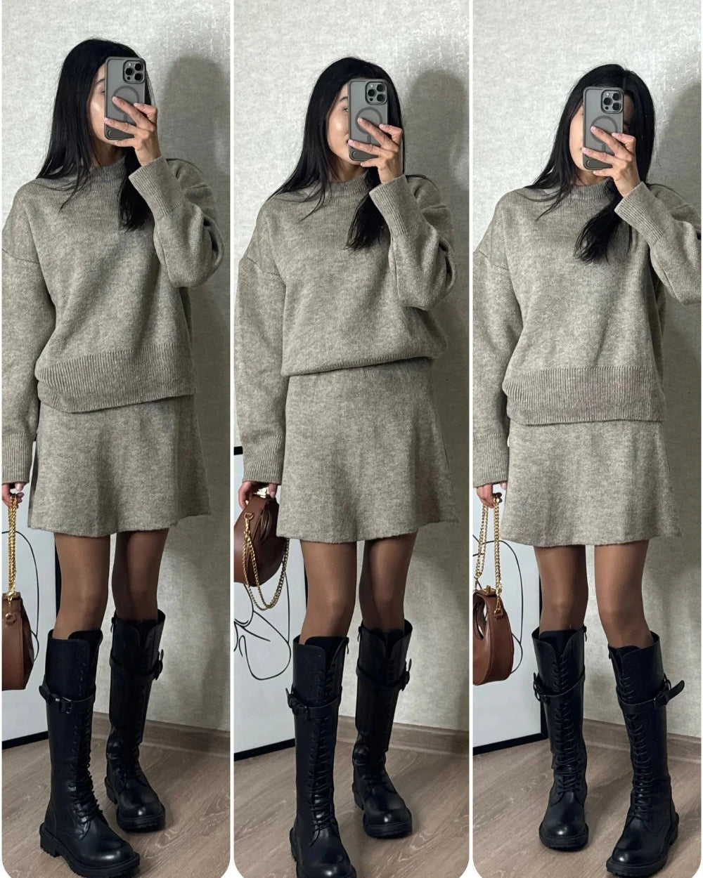 2-piece knitted sweater and skirt set, stylish and cozy winter outfit.