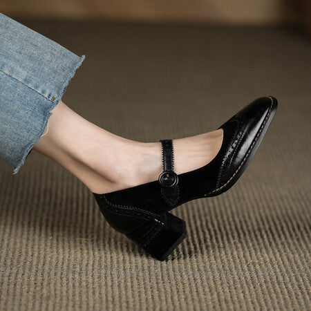 Square Toe Chunky Heel Vintage Engraving Mary Jane Shoes Women