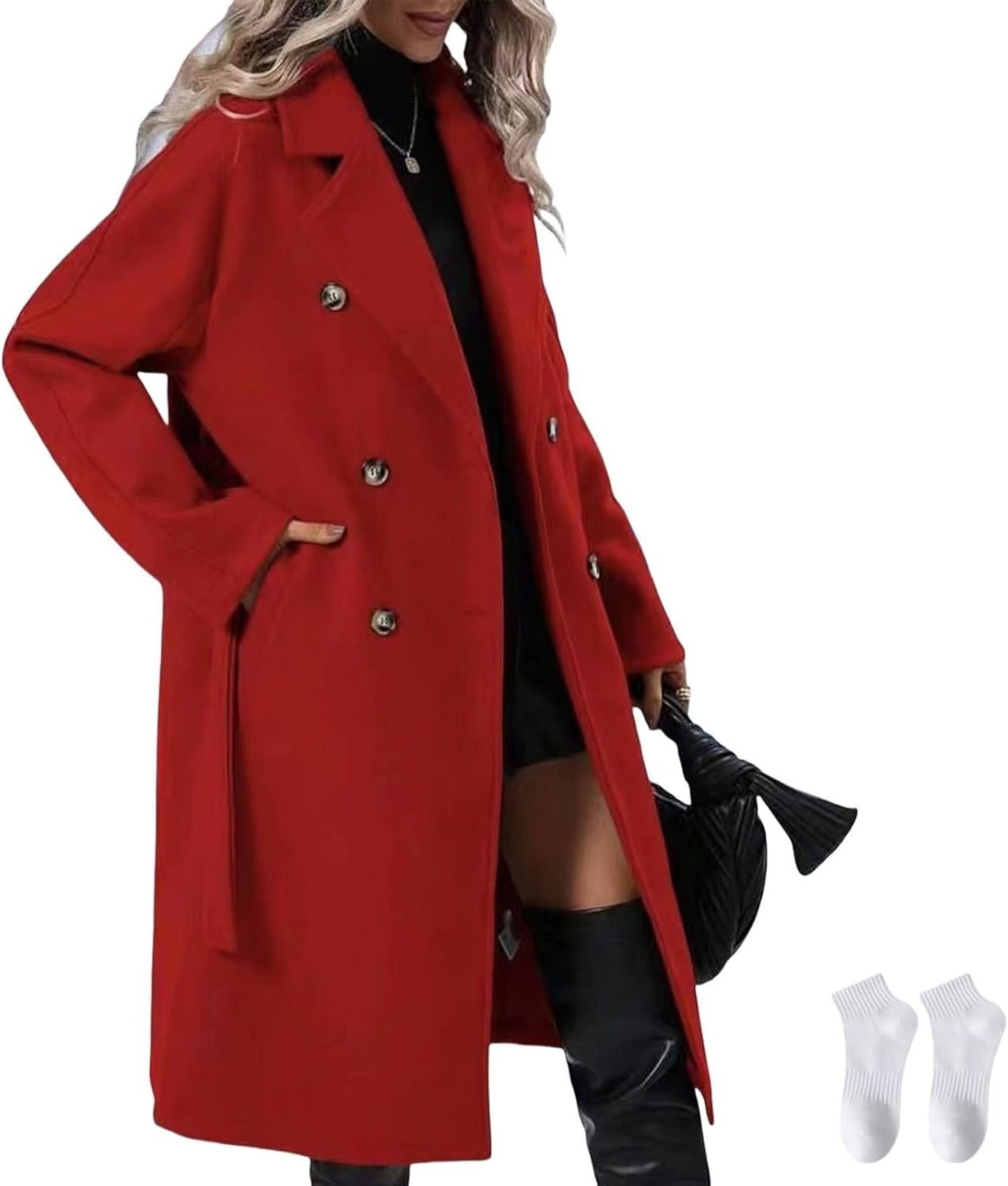 Double-breasted trench coat with a lace-up belt, offering stylish outerwear.