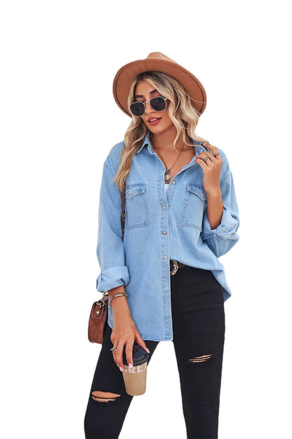 Chic Slim Fit Denim Shirt for Effortless Elegance - Mareslie Apparel