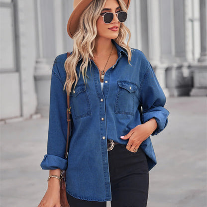 Chic Slim Fit Denim Shirt for Effortless Elegance - Mareslie Apparel