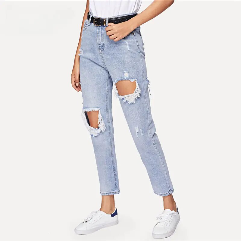 Cut Out Ripped Jeans For Women Blue Denim Trousers - Mareslie Apparel