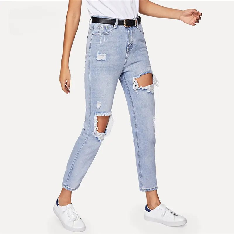 Cut Out Ripped Jeans For Women Blue Denim Trousers - Mareslie Apparel