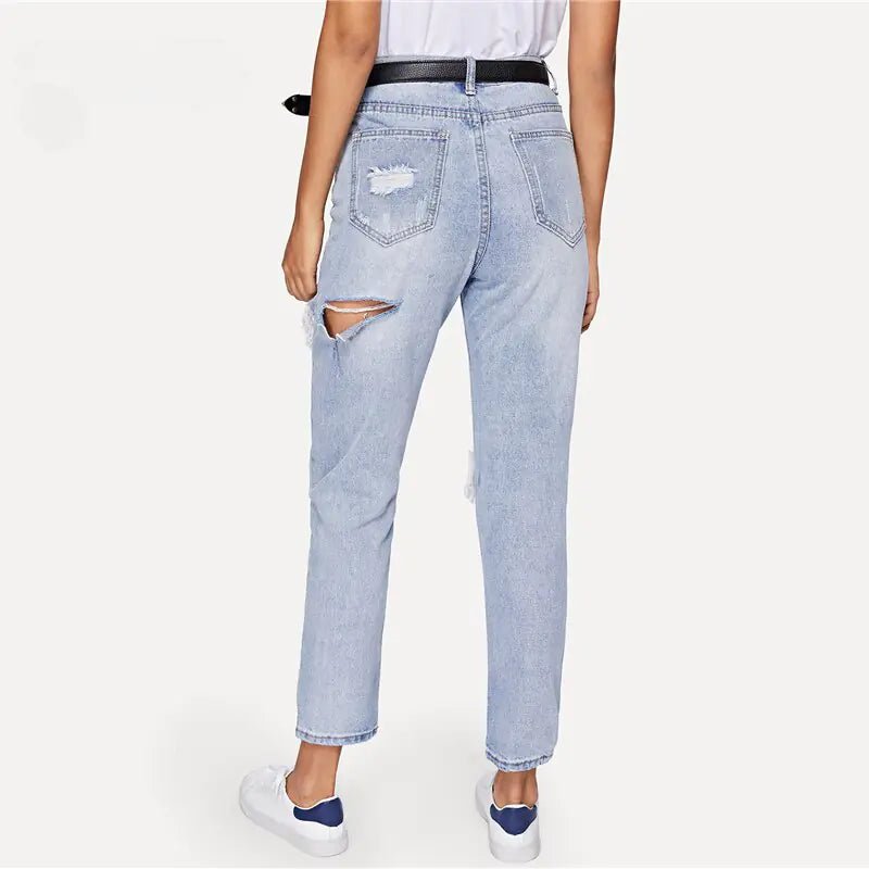 Cut Out Ripped Jeans For Women Blue Denim Trousers - Mareslie Apparel