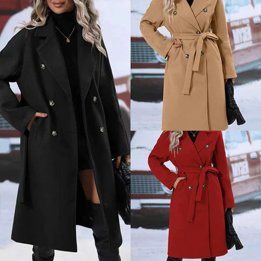 Double-breasted trench coat with a lace-up belt, offering stylish outerwear.