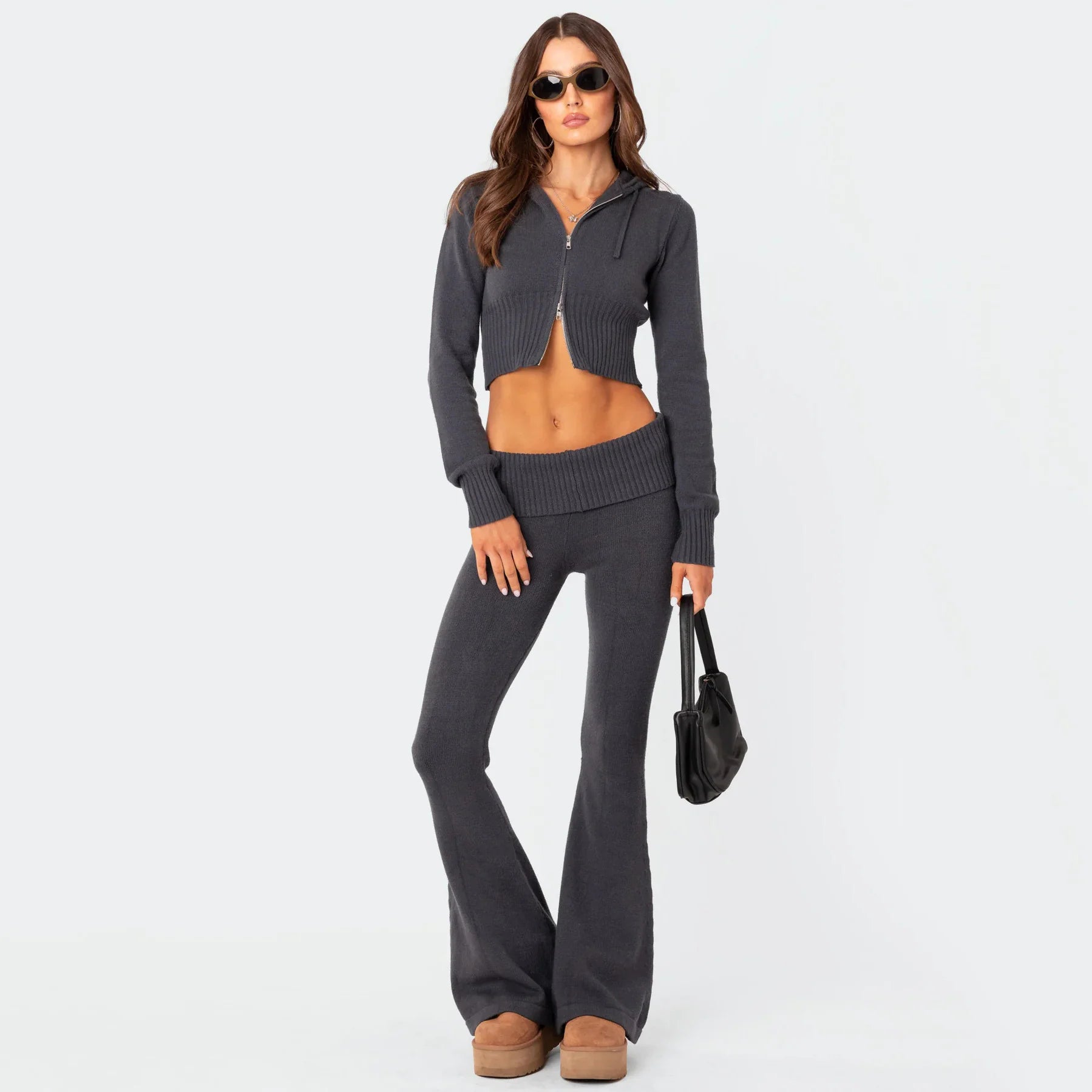 Women's High - Waist Knit Hooded Set: Fashionable Long - Sleeve Top & Trousers - Mareslie Apparel