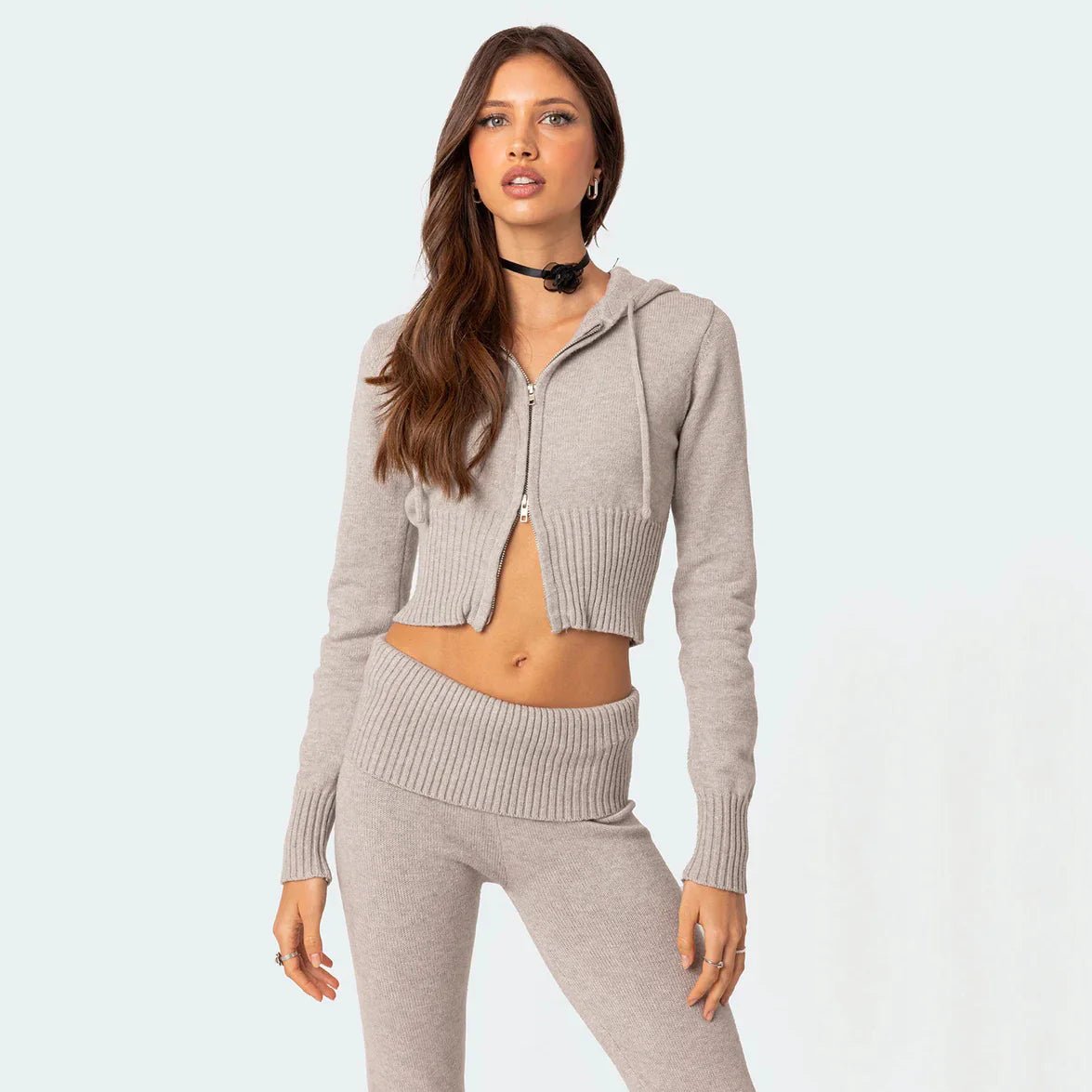 Women's High - Waist Knit Hooded Set: Fashionable Long - Sleeve Top & Trousers - Mareslie Apparel