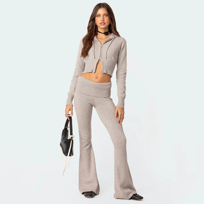 Women's High - Waist Knit Hooded Set: Fashionable Long - Sleeve Top & Trousers - Mareslie Apparel